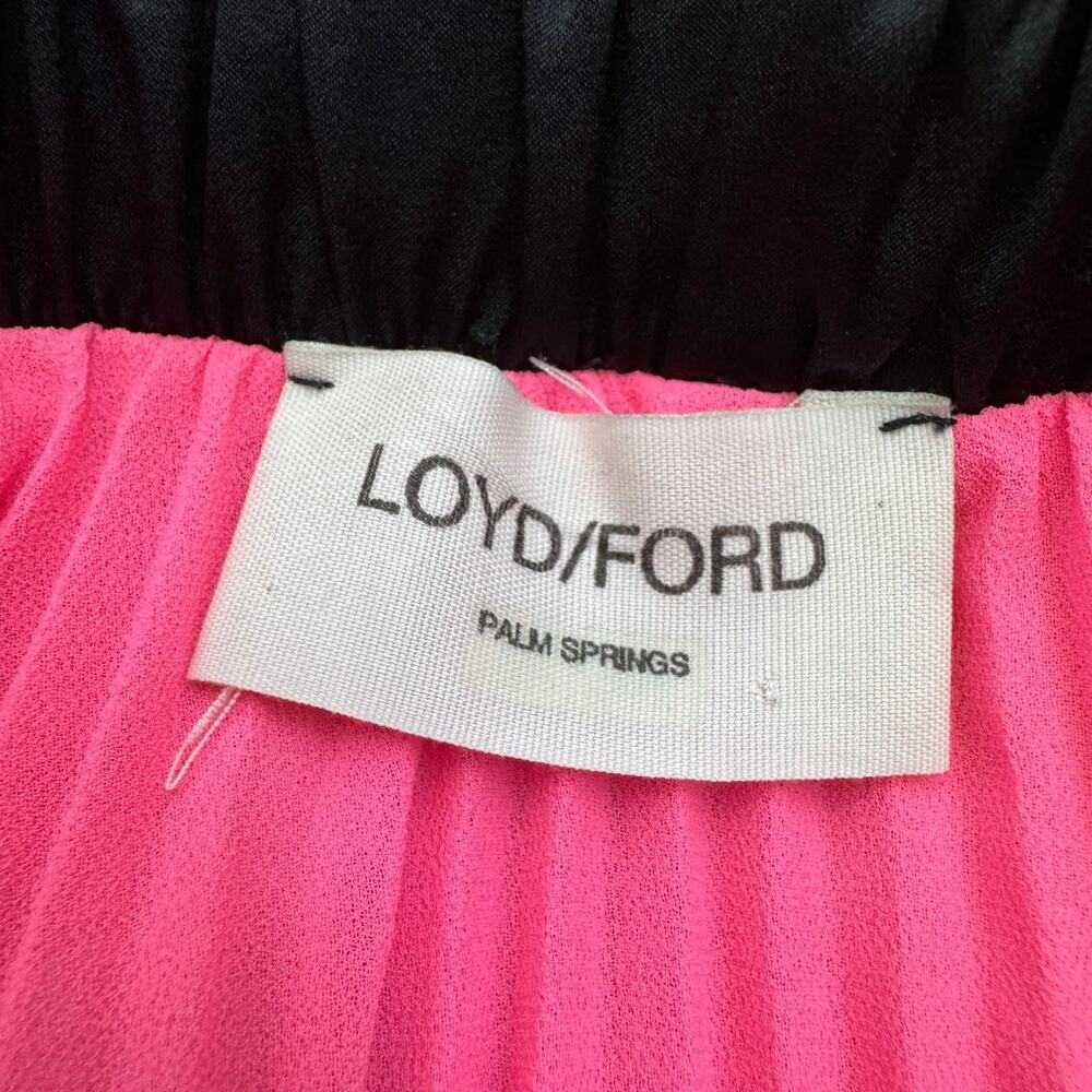 Loyd/Ford Pink Pleated Satin Sheer Black Overlay Midi Colorblock Skirt- Small - Picture 6 of 8